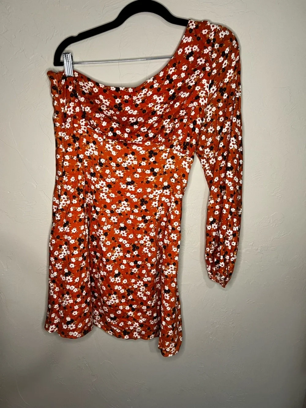 Free People Jules One-Shoulder Orange Floral‎ Mini Boho Dress